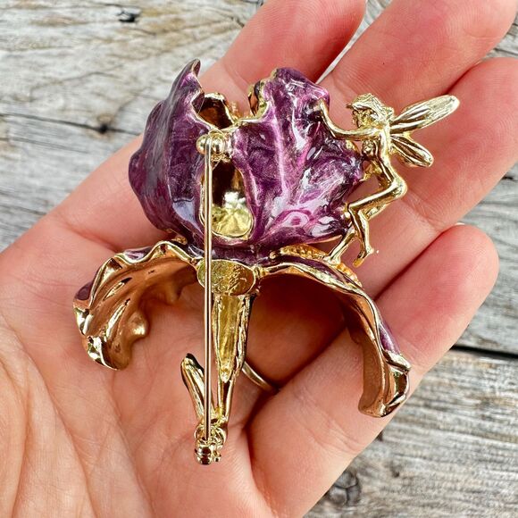 Kirks Folly Brooch Pin Iris Swirled Purple Gold Fairy Pixie Sprite Mystical - Picture 2 of 4